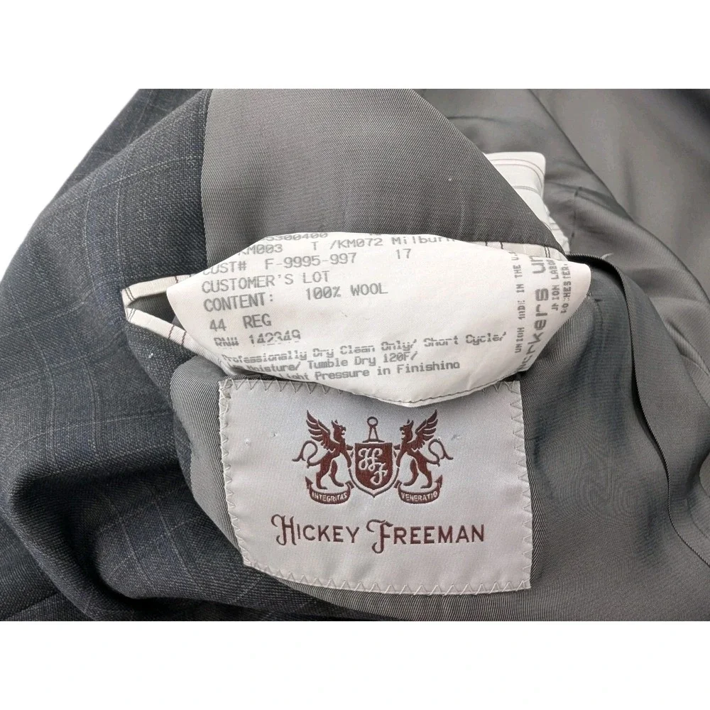 Hickey Freeman Suit Mens 44R Gray Blue Windowpane 2 Button 100% Wool 36x29 USA